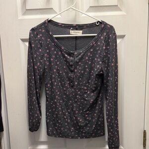 Lucky Brand Charcoal Gray Long-Sleeve Henley with Pink Floral Dots